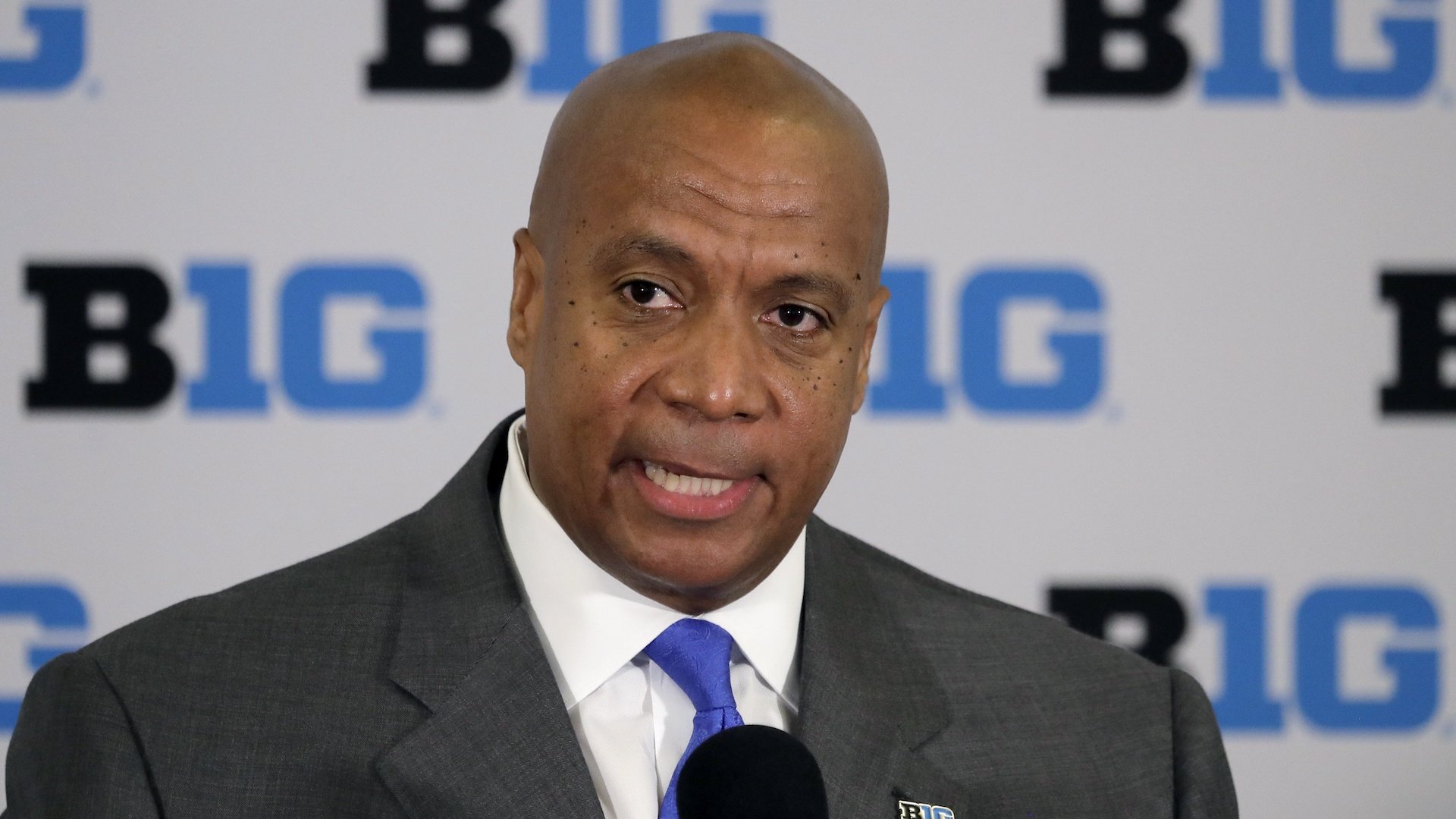 In this June 4, 2019, file photo, Kevin Warren talks to reporters after being named Big Ten Conference Commissioner during a news conference in Rosemont, Ill. (AP Photo/Charles Rex Arbogast, File)