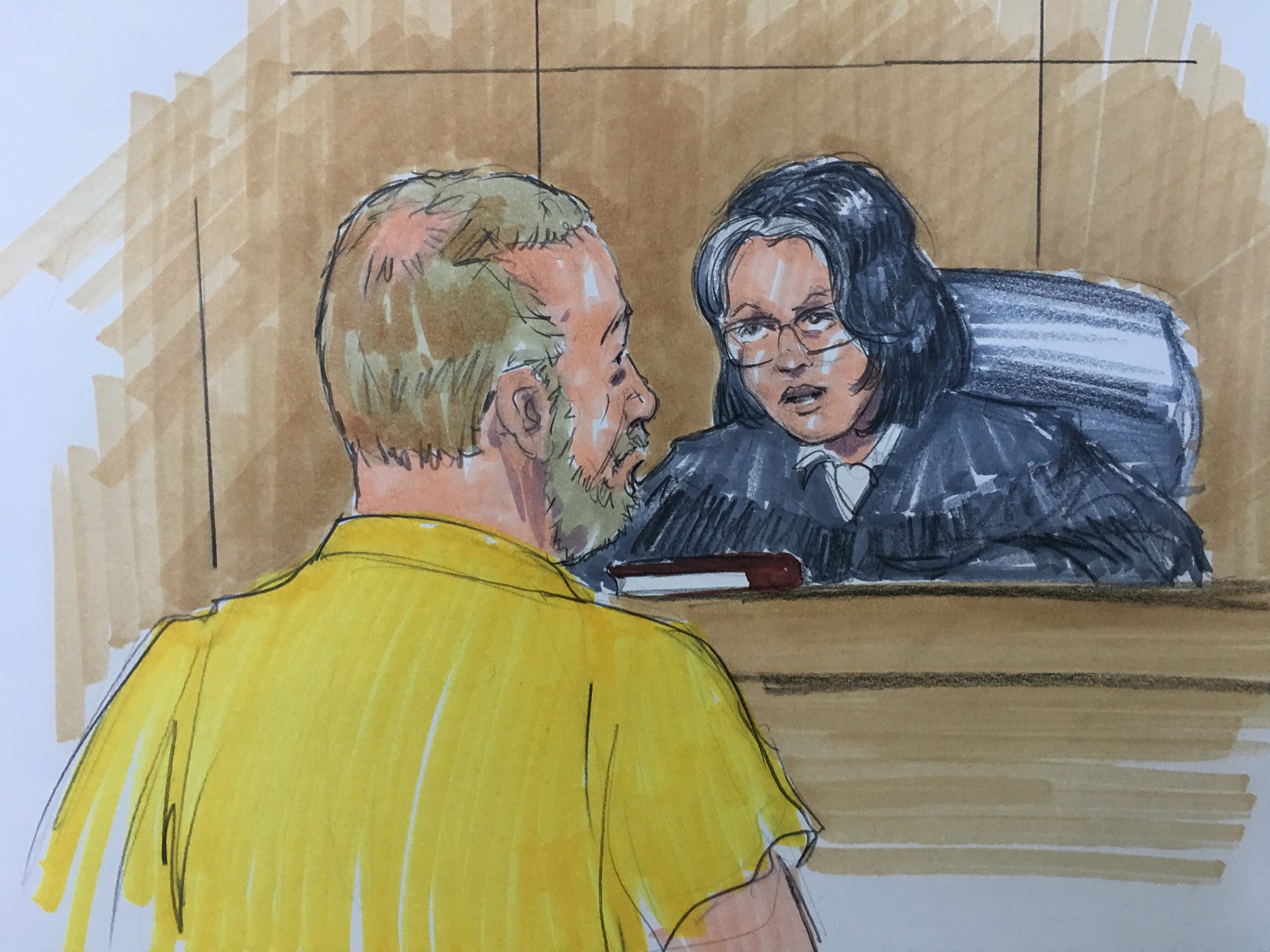 Andrew Warren entered not guilty pleas on six first-degree murder charges Thursday. (Courtroom sketch by Thomas Gianni)