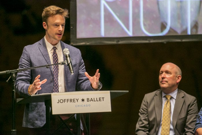 Christopher Wheeldon addresses the crowd Monday morning at the Auditorium Theatre (Todd Rosenberg)