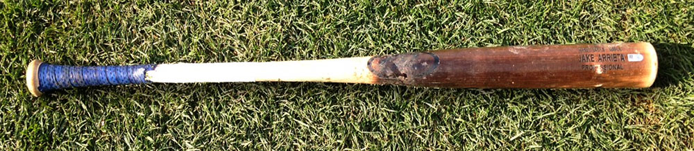 A game-used baseball bat belonging to Cubs pitcher Jake Arrieta (Courtesy of Cubs Authentics)