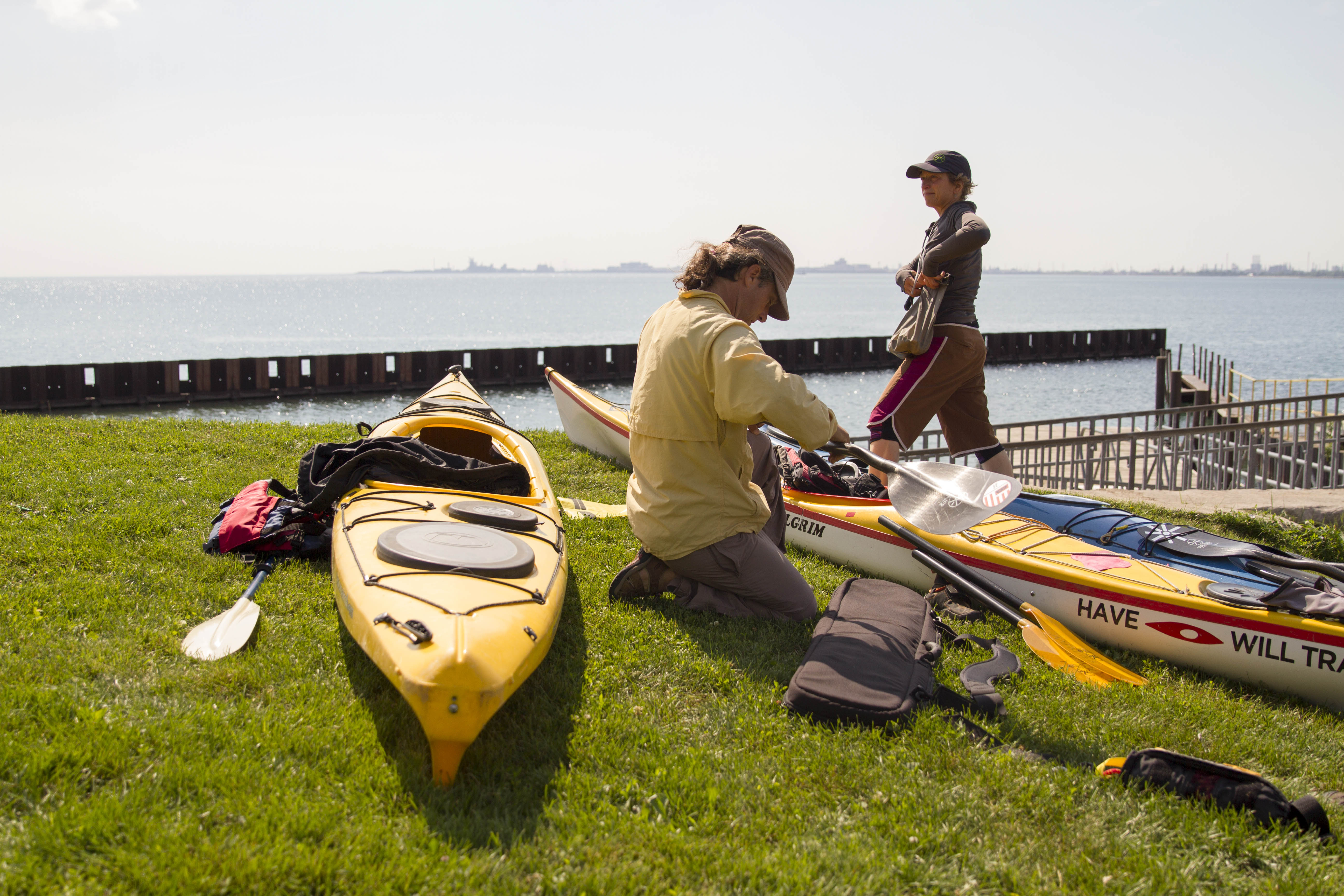 Planning for our paddle along the Calumet River. (Luke Brodarick / Chicago Tonight)