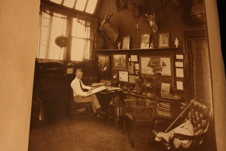 John T. McCutcheon in his workspace at the Fine Arts Center (Courtesy of the Newberry Library)