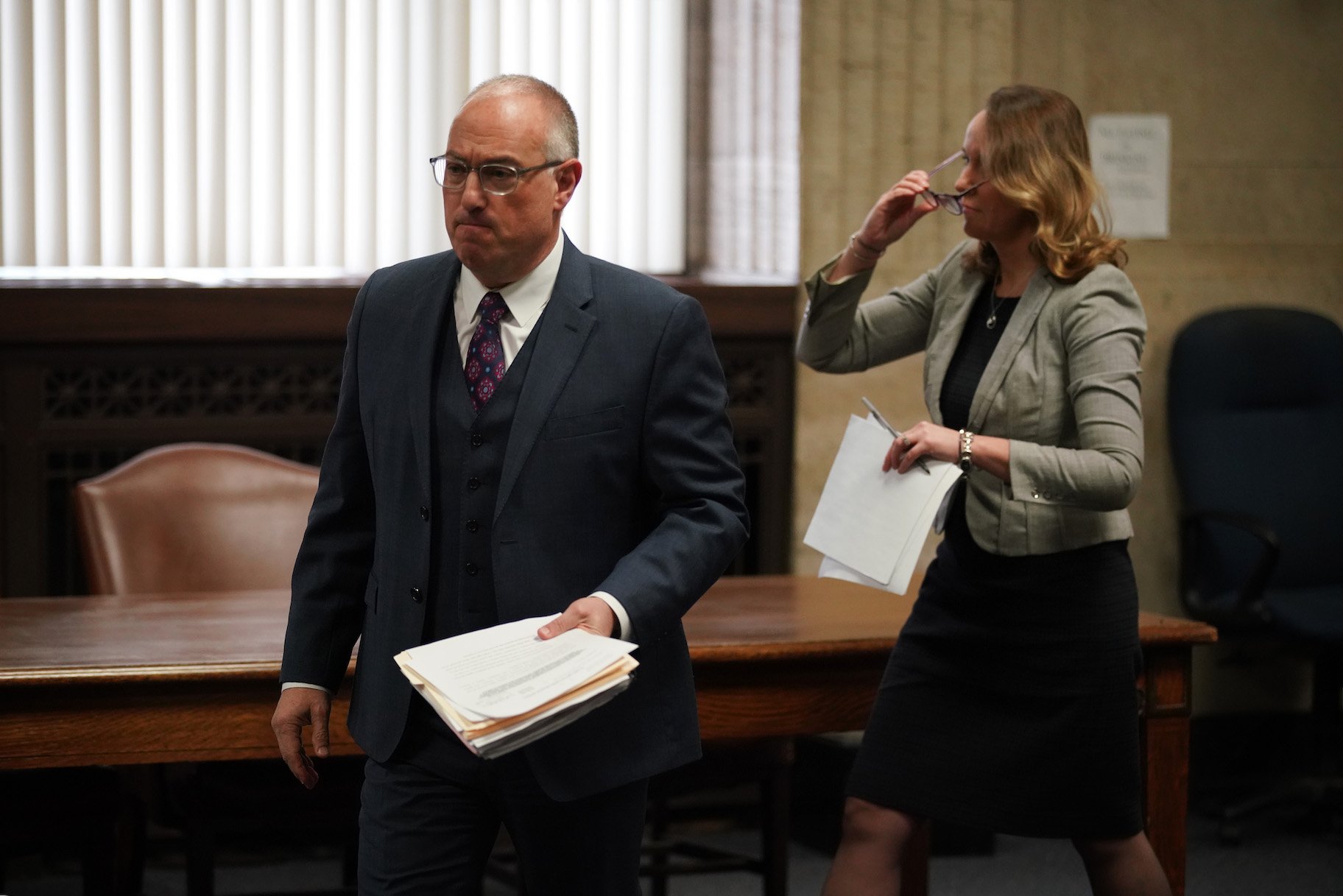 Steve Greenberg, attorney for R. Kelly, files a motion before Judge Lawrence Flood requesting law enforcement officials preserve all communications between prosecutors and attorney Michael Avenatti, at Leighton Criminal Court Building, Monday, April 1, 2019. (E. Jason Wambsgans/Chicago Tribune/Pool)