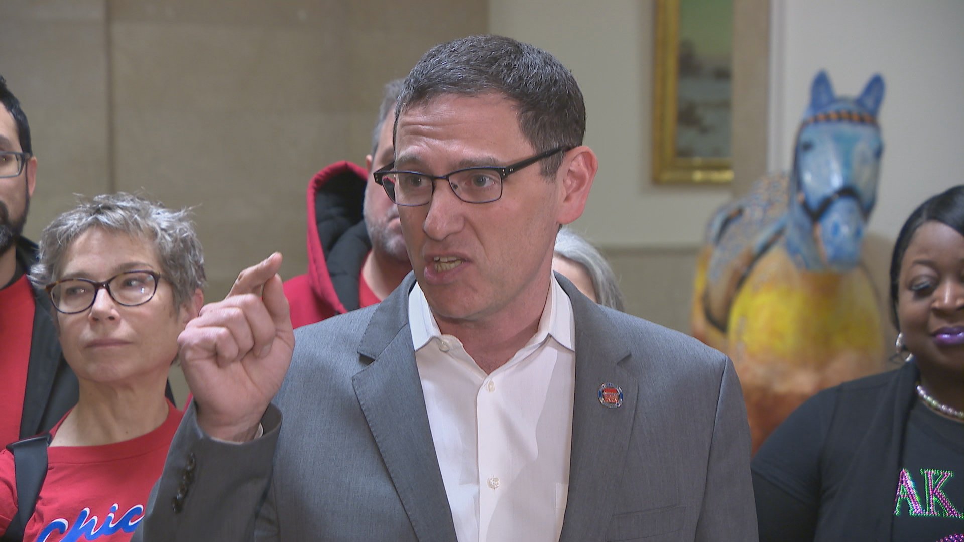 CTU President Jesse Sharkey outlines his union’s contract demands in a press conference inside City Hall on Jan. 15, 2019. (Chicago Tonight)