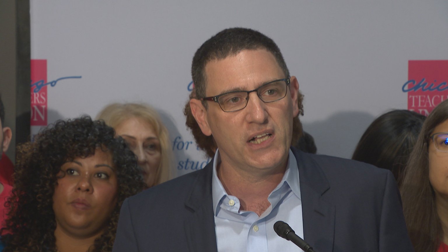 CTU Vice President Jesse Sharkey speaks during a press conference at union headquarters on Aug. 8, 2018. (Chicago Tonight)