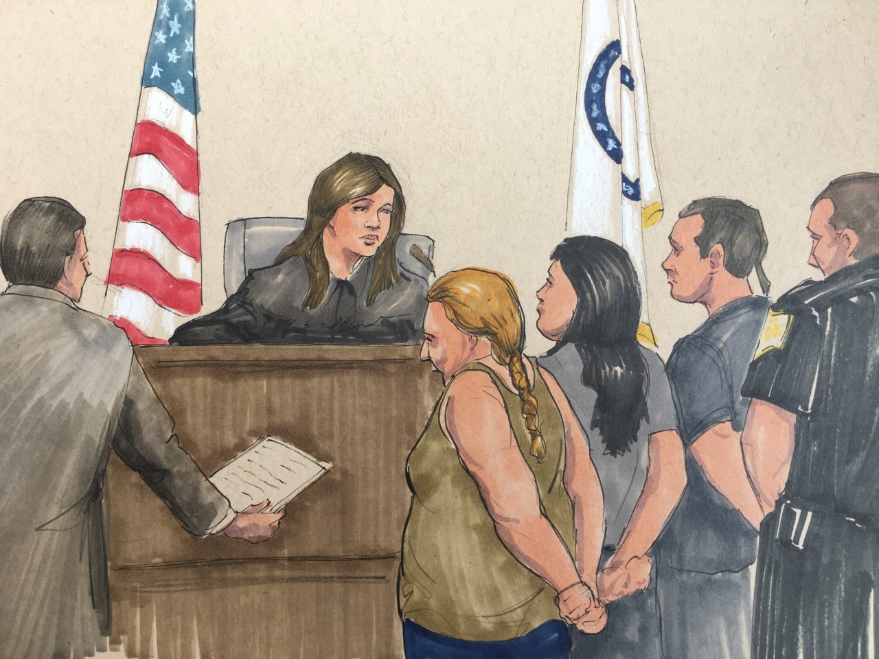 Clarisa Figueroa, center front, appears in court Friday, May 17, 2019 with daughter Desiree Figueroa, right, and Piotr Bobak before Cook County Judge Susana Ortiz. (Sketch by Thomas Gianni)