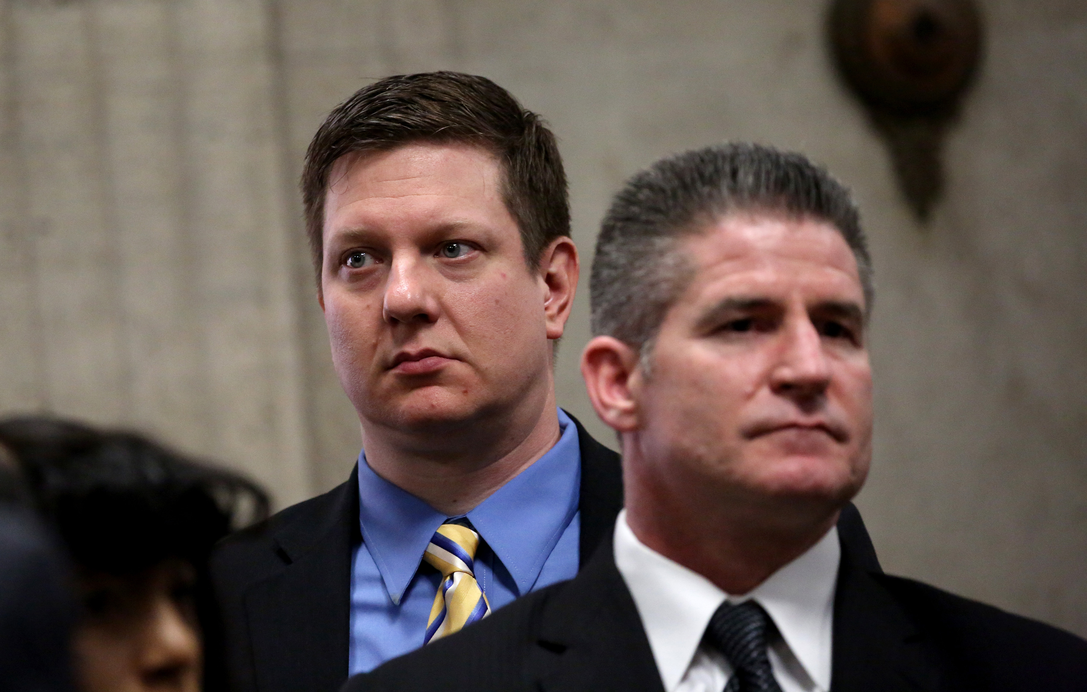 Jason Van Dyke, left, with his attorney Daniel Herbert inside the Leighton Criminal Court Building in Chicago on Thursday, March 8, 2018. (Nancy Stone / Chicago Tribune / Pool)