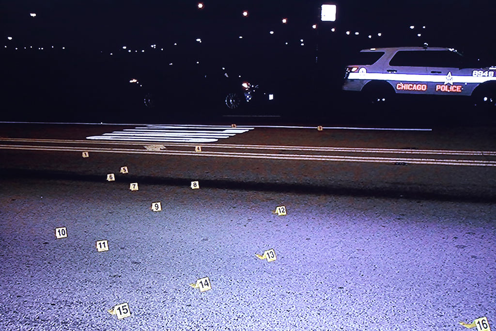 Photo of an image taken on Oct. 20, 2014 at the scene where Laquan McDonald was fatally shot. This image was shown on a screen to jurors during Jason Van Dyke’s trial for the shooting death of McDonald. (Chicago Police Department)