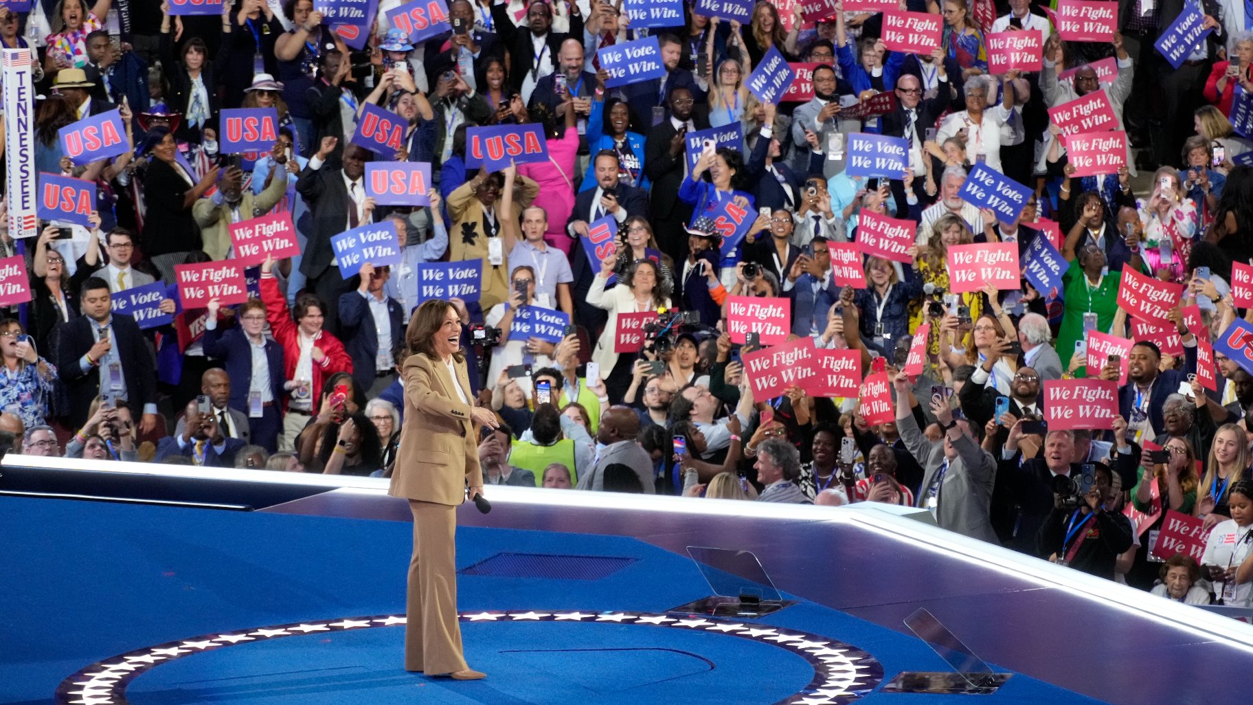 Democratic presidential nominee Vice President Kamala Harris speaks during the Democratic National Convention Monday, Aug. 19, 2024, in Chicago. (AP Photo/Morry Gash)
