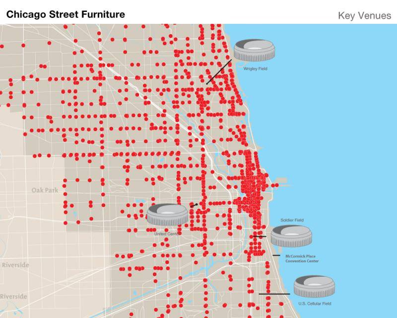 JC Decaux' map of bus shelters, City Information signs, newsstand kiosks and other pieces of street furniture it currently advertises on; Source: JCDecaux