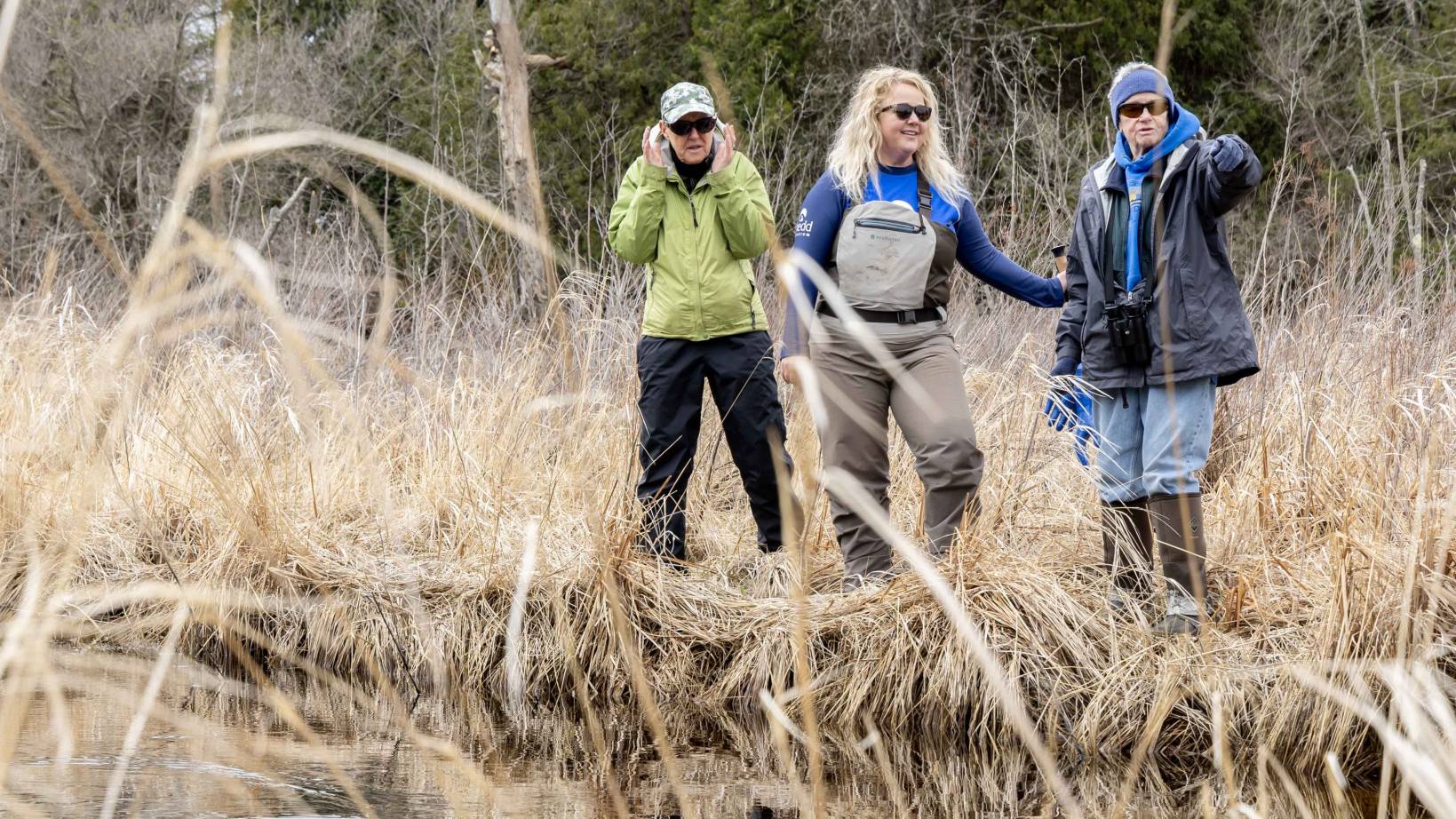 A Shedd researcher and two volunteers stand on the edge of a creek as one of the volunteers points at the water.