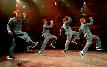 From L to R: Jackson Doran (Cassio) teaches GQ, Postell Pringle and JQ the new dance craze in Othello: The Remix. Photo by Michael Brosilow. Courtesy of Chicago Shakespeare Theater.