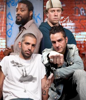 Cast of Othello: The Remix. From left to right: Postell Pringle, JQ, GQ and Jackson Doran. Photo by Michael Brosilow. Courtesy of Chicago Shakespeare Theater.