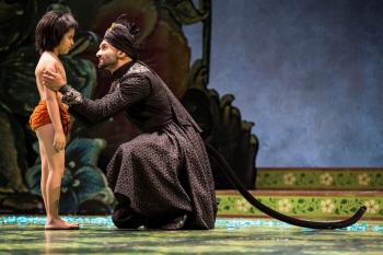 Akash Chopra (Mowgli) and Usman Ally (Bagheera) in Tony Award winner Mary Zimmerman’s new musical adaption of The Jungle Book at Goodman Theatre