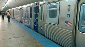 CTA train at Logan Square Blue Line; photo by Don Harder