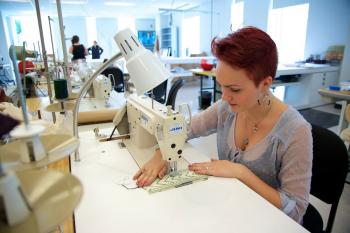 BFA Costume Design and Technology Major Sydney Dufka in the new costume shop in The Theatre School at DePaul University; Courtesy of DePaul University/Jeff Carrion