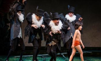 (from left to right) Vultures Govind Kumar, Ed Kross, Nehal Joshi, and Geoff Packard in Tony Award winner Mary Zimmerman’s new musical adaption of The Jungle Book., courtesy Goodman Theatre