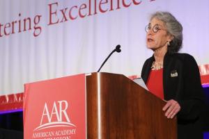 American Academy of Religion President Laurie Zoloth delivers her speech.