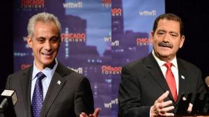 Rahm Emanuel and Jesús "Chuy" García in post-forum news conference; credit: Bill Richert