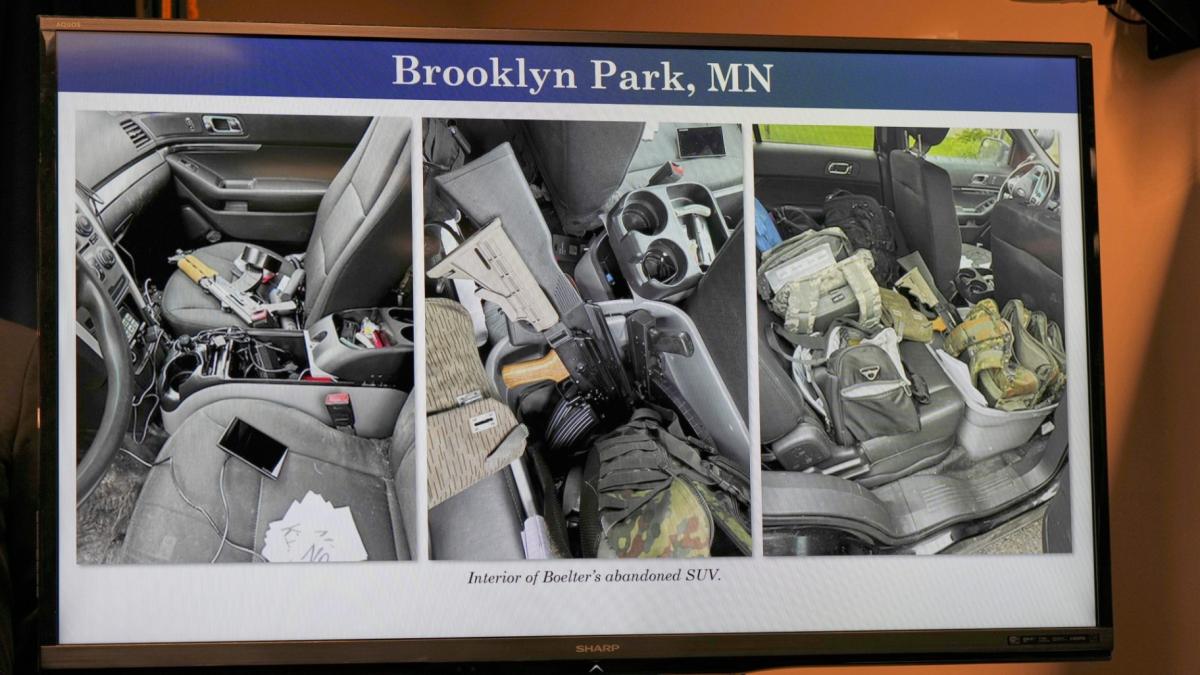 Evidence photos showing the interior of Vance Boelter's vehicle are presented during a news conference at the United States Courthouse in Minneapolis, Monday, June 16, 2025. (AP Photo / George Walker IV)