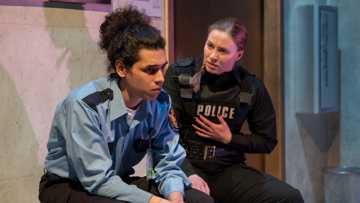 A scene from Shattered Globe Theatre’s production of “Lobby Hero.” (Michael Brosilow)