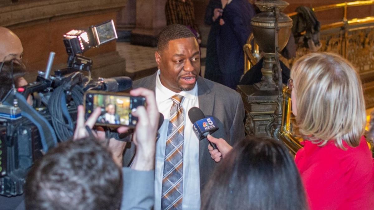 State Sen. Emil Jones III speaks with reporters outside of the Illinois Senate chamber in January 2020. (Capitol News Illinois file photo)