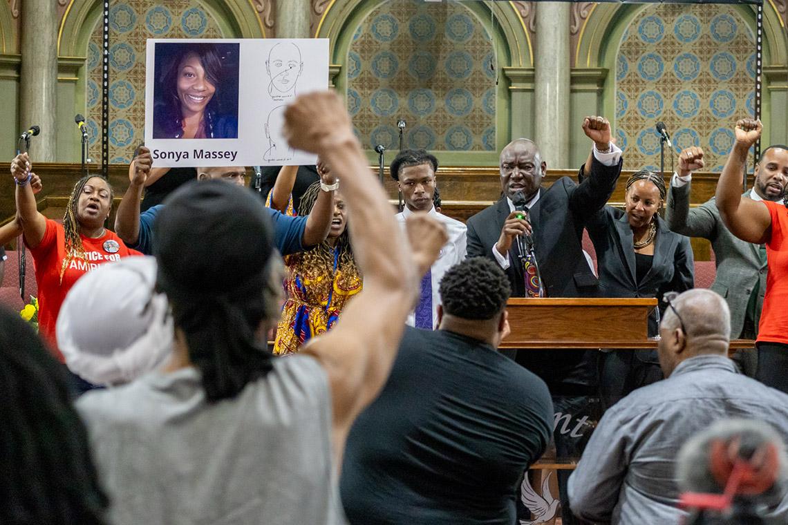 Attorney Ben Crump, who is representing the family of Sonya Massey, is pictured at a rally in Chicago in July 2024 to honor Massey alongside supporters and members of the Massey family. (Andrew Adams / Capitol News Illinois))
