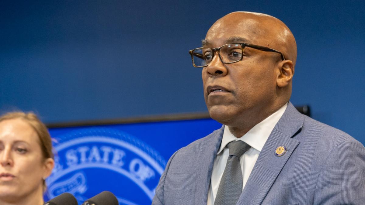 Illinois Attorney General Kwame Raoul discusses a lawsuit against the federal government at a news conference in January 2025. (Andrew Adams / Capitol News Illinois)