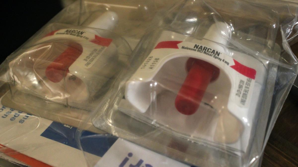 Naloxone, pictured here under the brand name Narcan, is commonly administered through the nasal cavity. The medicine attaches to opioid receptors in the body, preventing an overdose. (Ismael M. Belkoura / Medill Illinois News Bureau)