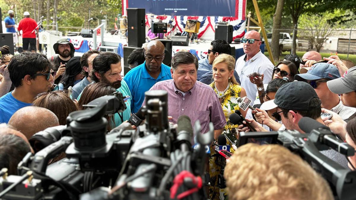 Gov. JB Pritzker takes questions from the news media at the Illinois State Fair on Wednesday, Aug. 13, 2025. (Jerry Nowicki / Capitol News Illinois) 