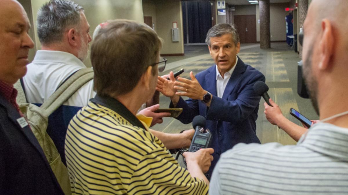 Ted Dabrowski, president of the conservative media outlet Wirepoints, speaks to reporters after telling fellow Republicans he plans to announce a bid for governor soon. (Jerry Nowicki / Capitol News Illinois) 
