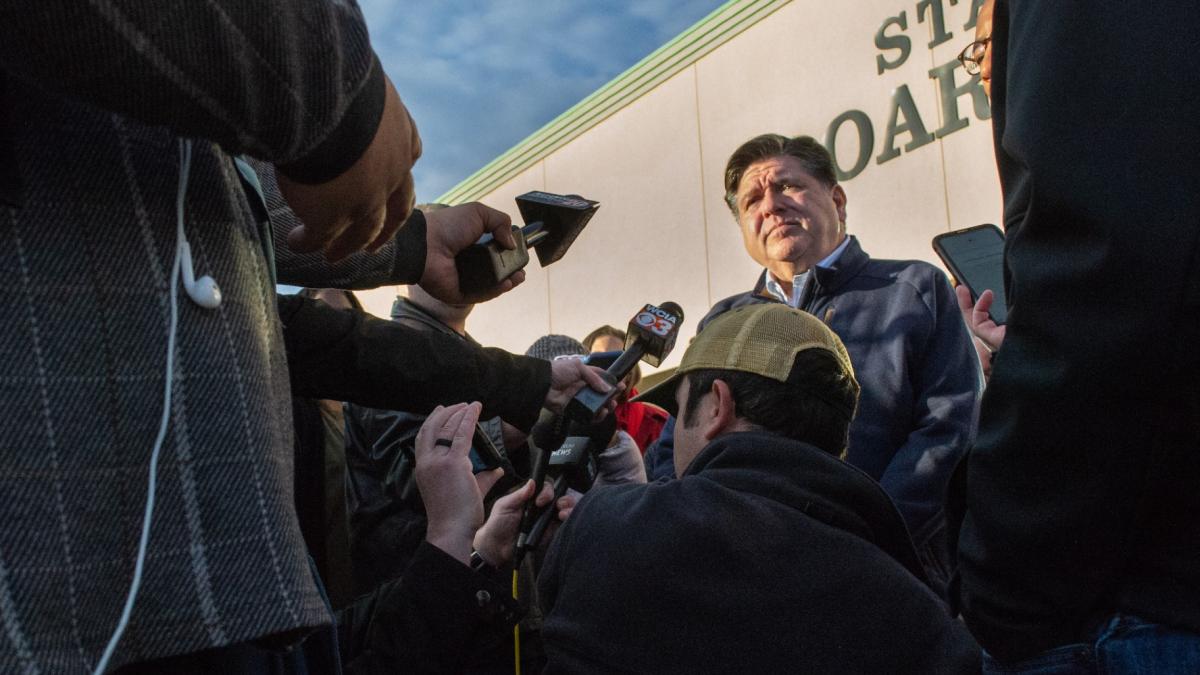 Gov. JB Pritzker takes questions from reporters outside the Illinois State Board of Elections in Springfield after filing petitions to run for a third term on Oct. 27, 2025. (Jerry Nowicki / Capitol News Illinois)