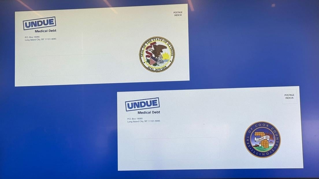 An example of the envelope mailed to eligible Illinois residents notifying them that their medical debt has been eliminated. (Medill Illinois News Bureau photo by Kaitlin Bender-Thomas)
