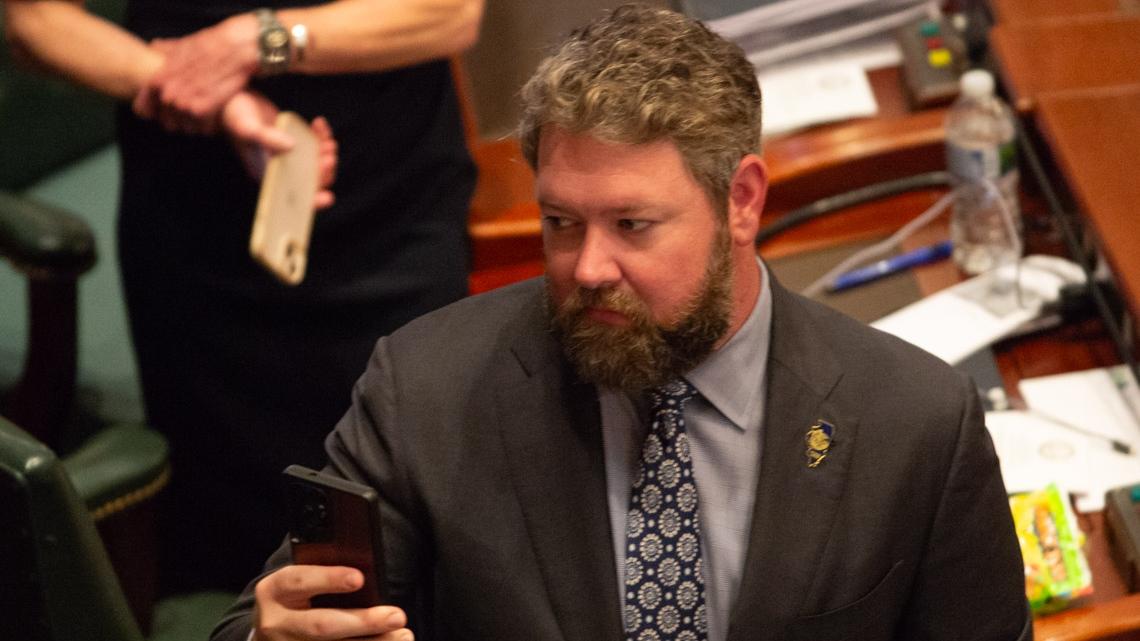  State Rep. Harry Benton takes a picture during a joint session of the Illinois House in May 2026. (Jerry Nowicki / Capitol News Illinois) 