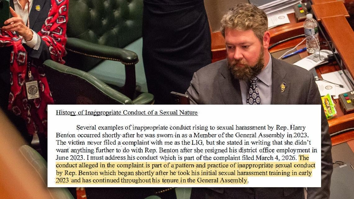 Ex-Rep. Harry Benton is pictured on the House floor, with text from the legislative inspector general’s report that found he engaged in “a pattern and practice of inappropriate sexual conduct.” (Capitol News Illinois illustration by Jerry Nowicki) 