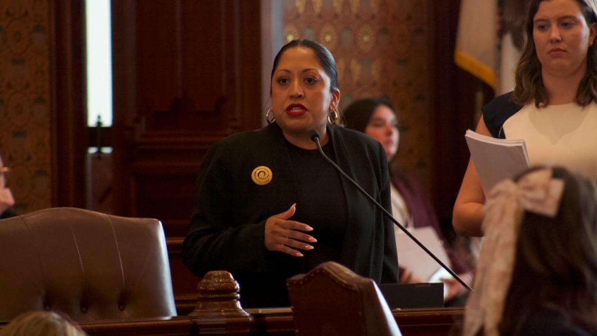 Sen. Celina Villanueva, D-Chicago, speaks on the floor on Thursday, May 28. Villanueva led negotiations on this bill for several years. (Jenna Schweikert / Capitol News Illinois)