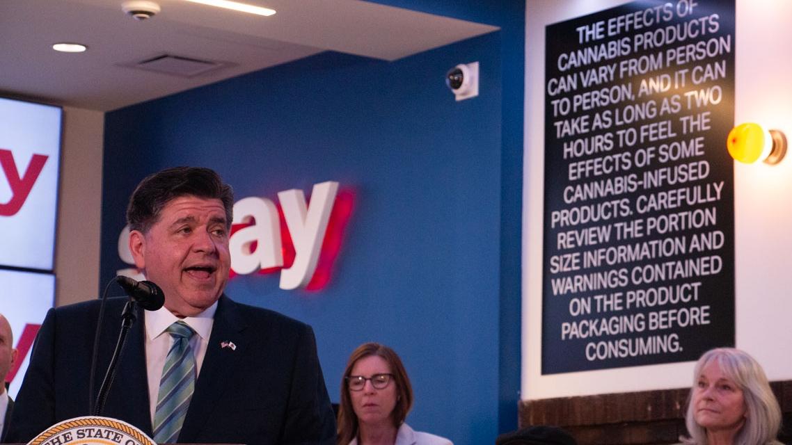 Gov. JB Pritzker discusses new hemp regulations he signed last month during an event at SWAY Cannabis Dispensary in Chicago on July 2, 2026. (Maggie Dougherty / Capitol News Illinois)