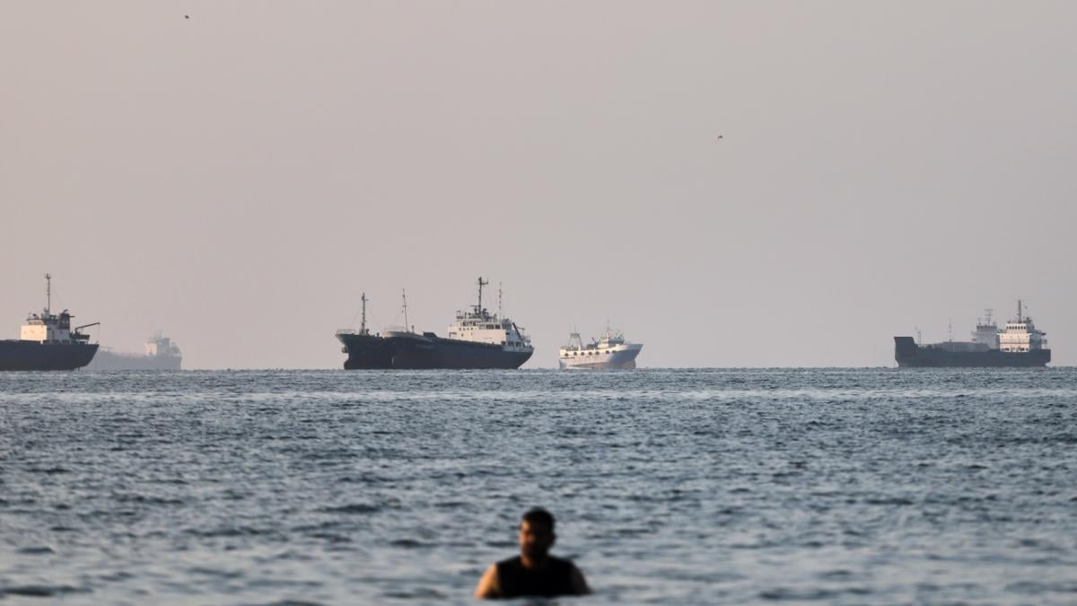 A person stands in shallow water as cargo and commercial vessels are anchored in the Strait of Hormuz off Bandar Abbas, Iran, Monday, June 8, 2026. (Amirhosein Khorgooi / ISNA via AP)