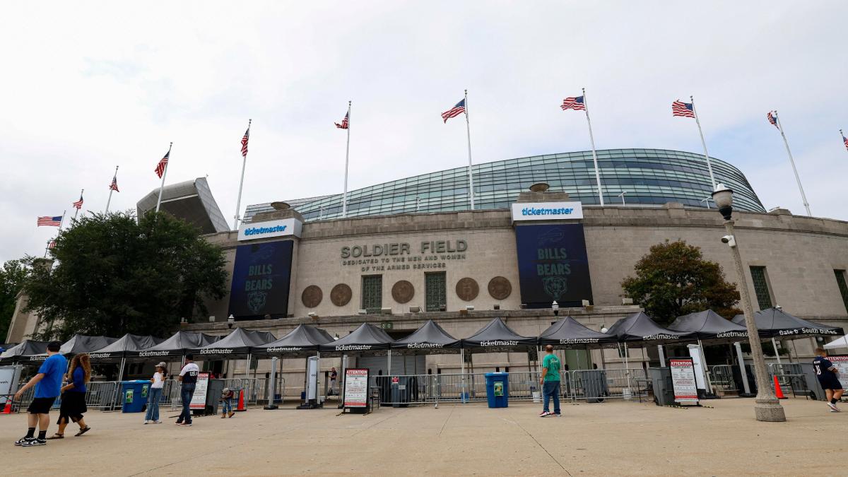 An exterior view of Soldier Field is seen prior to an NFL preseason football game, Aug. 17, 2025, in Chicago. (AP Photo / Kamil Krzaczynski, File)