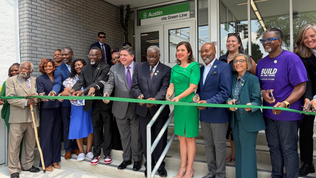 Elected leaders and Chicago Transit Authority officials gather on August 7, 2026, to celebrate the ribbon cutting for a $25 million project to make the CTA Austin Green Line station more accessible to riders. (Eunice Alpasan / WTTW News)