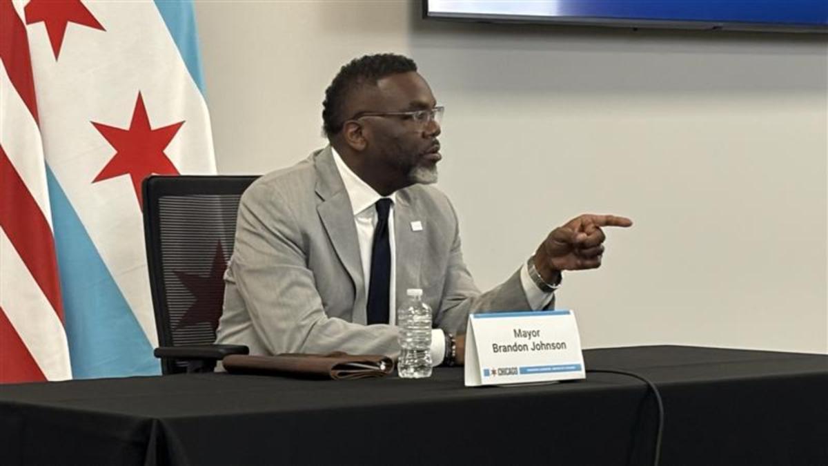Mayor Brandon Johnson addresses the news media on March 24, 2026. (Heather Cherone / WTTW News)