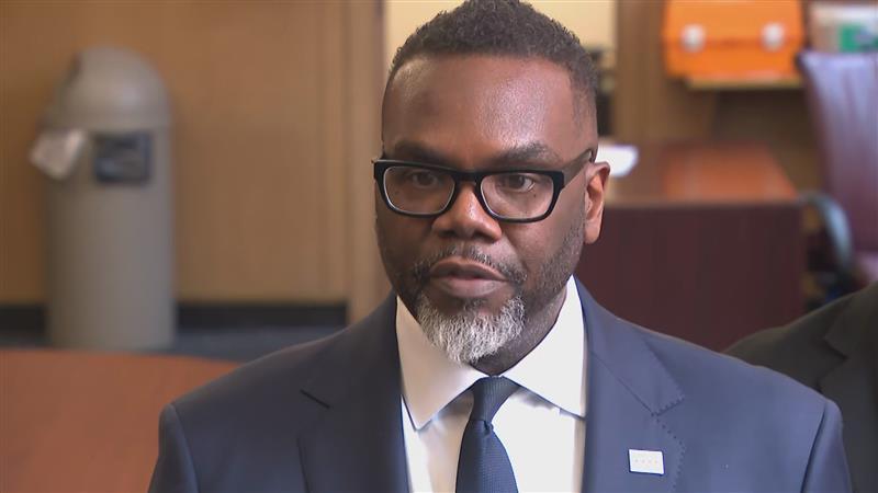 Mayor Brandon Johnson addresses the news media on April 7, 2025. (WTTW News)