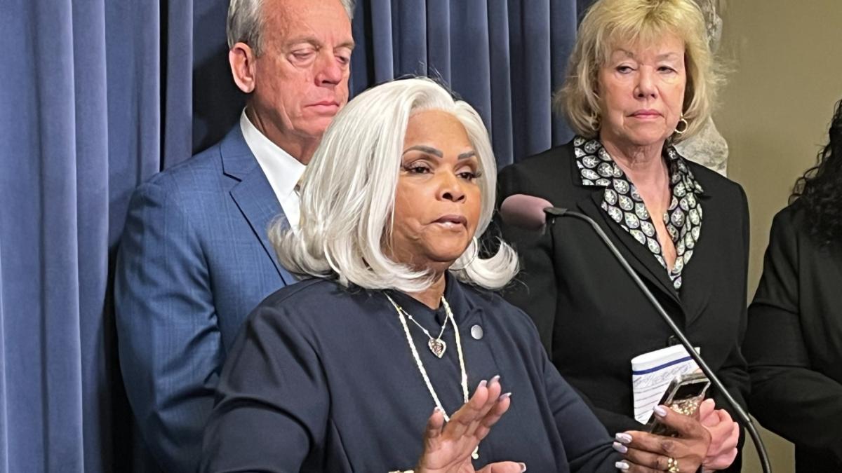From left, state Sen. Dale Fowler, Brenda Myers-Powell and state Sen. Julie Morrison show support for SB2323 on March 19, 2025. Myers-Powell was a victim of human trafficking for 25 years. (Bridgette Fox / Capitol News Illinois)