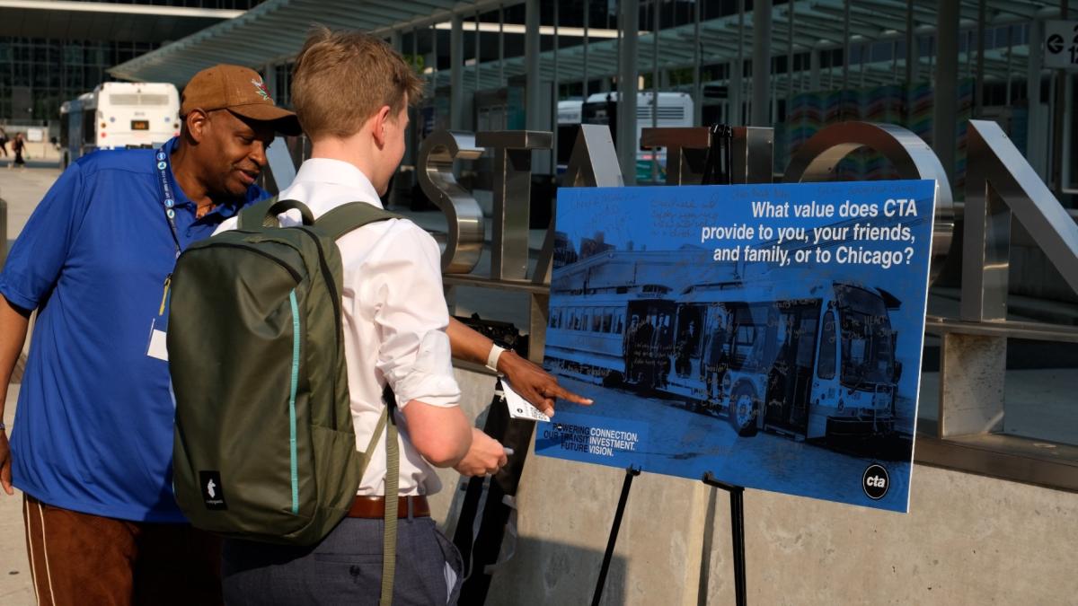 A rider feedback pop-up event held at CTA’s Union Station Transit Center on June 10, 2025. More dates for riders to speak with CTA leadership and staff were announced for this month. (Courtesy of CTA)