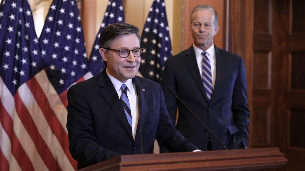 Speaker of the House Mike Johnson, R-La., left, and Senate Majority Leader John Thune, R-S.D., make statements to reporters ahead of vote in the House to pass a bill on President Donald Trump's top domestic priorities of spending reductions and tax breaks, at the Capitol in Washington, Thursday, April 10, 2025. (AP Photo / J. Scott Applewhite)