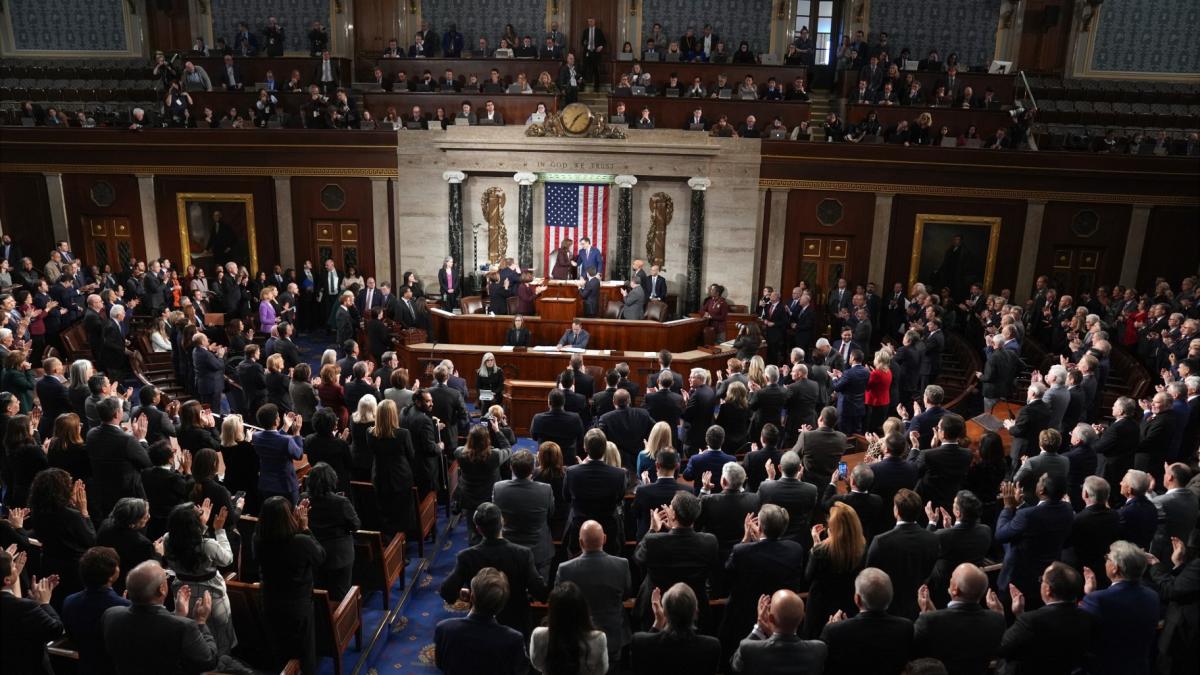 Vice President Kamala Harris shakes hands with House Speaker Mike Johnson of La., after a joint session of Congress confirmed the Electoral College votes, affirming President-elect Donald Trump's victory in the presidential election, Monday, Jan. 6, 2025, at the U.S. Capitol in Washington. (AP Photo / Matt Rourke)