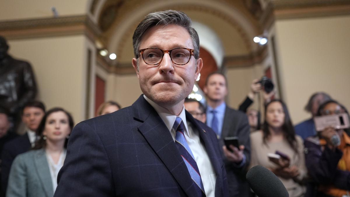FILE - Speaker of the House Mike Johnson, R-La., talks to reporters just after House Republicans narrowly approved their budget framework, at the Capitol in Washington, April 10, 2025. (AP Photo / J. Scott Applewhite, File)
