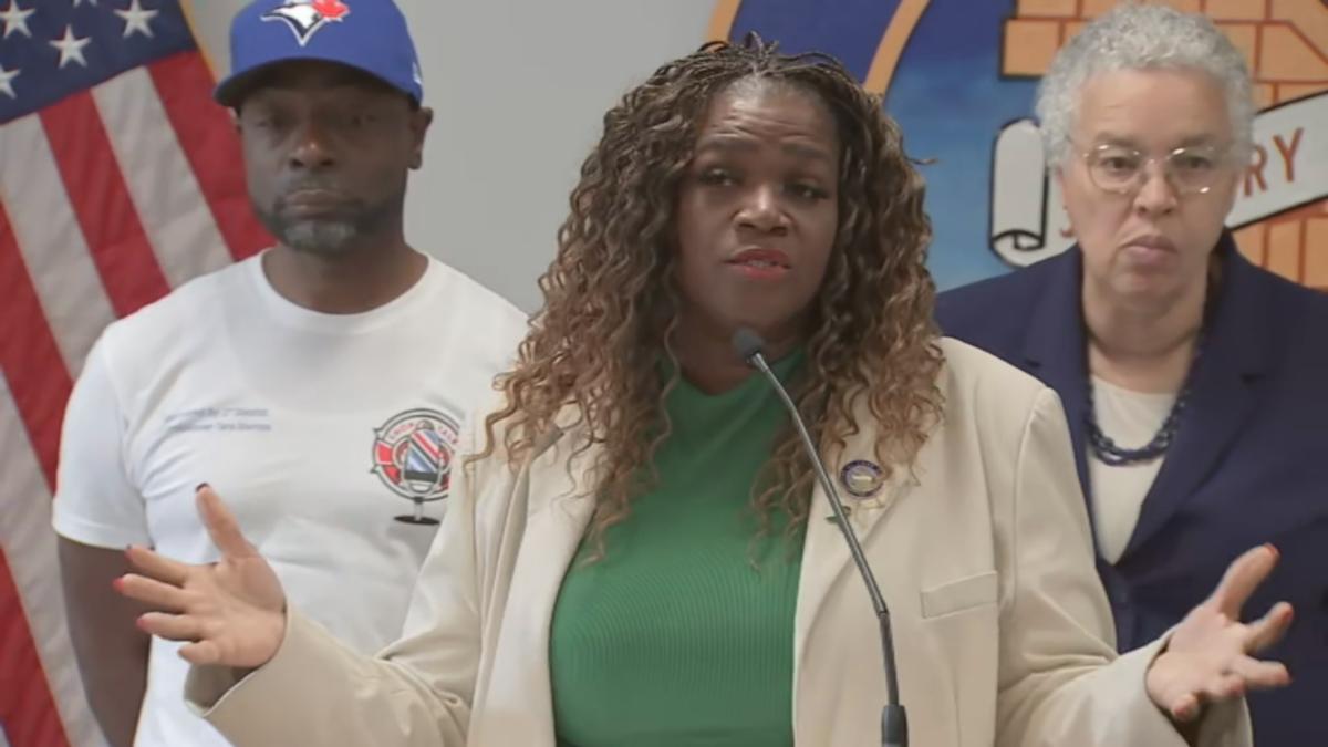 Cook County Commissioner Tara Stamps speaks during a news conference about mental health awareness on May 27, 2025. (WTTW News)