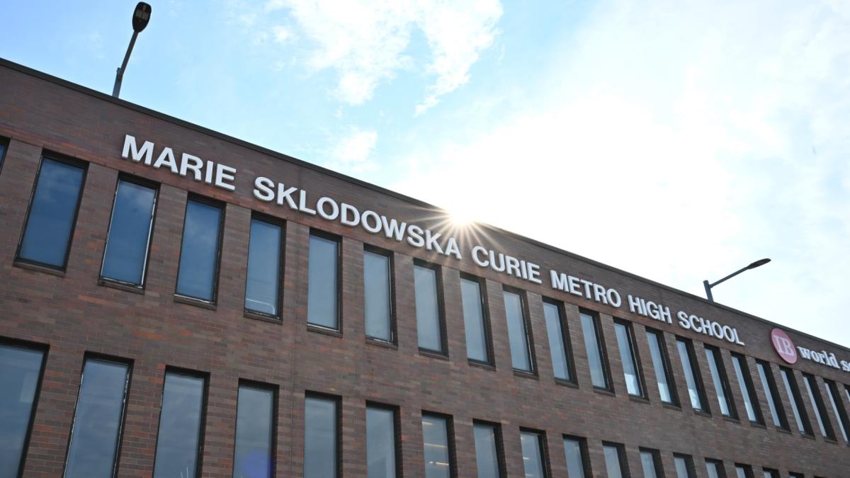 Curie Metro High School in Archer Heights is pictured on July 12, 2026. The school disciplined 12 employees in 2025, records show. (Victor Hilitski / WTTW News)