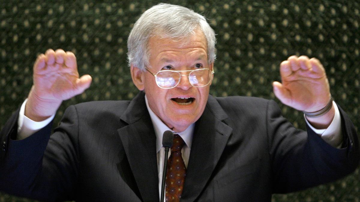  Former U.S. House Speaker Dennis Hastert speaks to lawmakers on the Illinois House of Representatives floor at the state Capitol in Springfield, Ill., on March 5, 2008. (AP Photo / Seth Perlman, File)